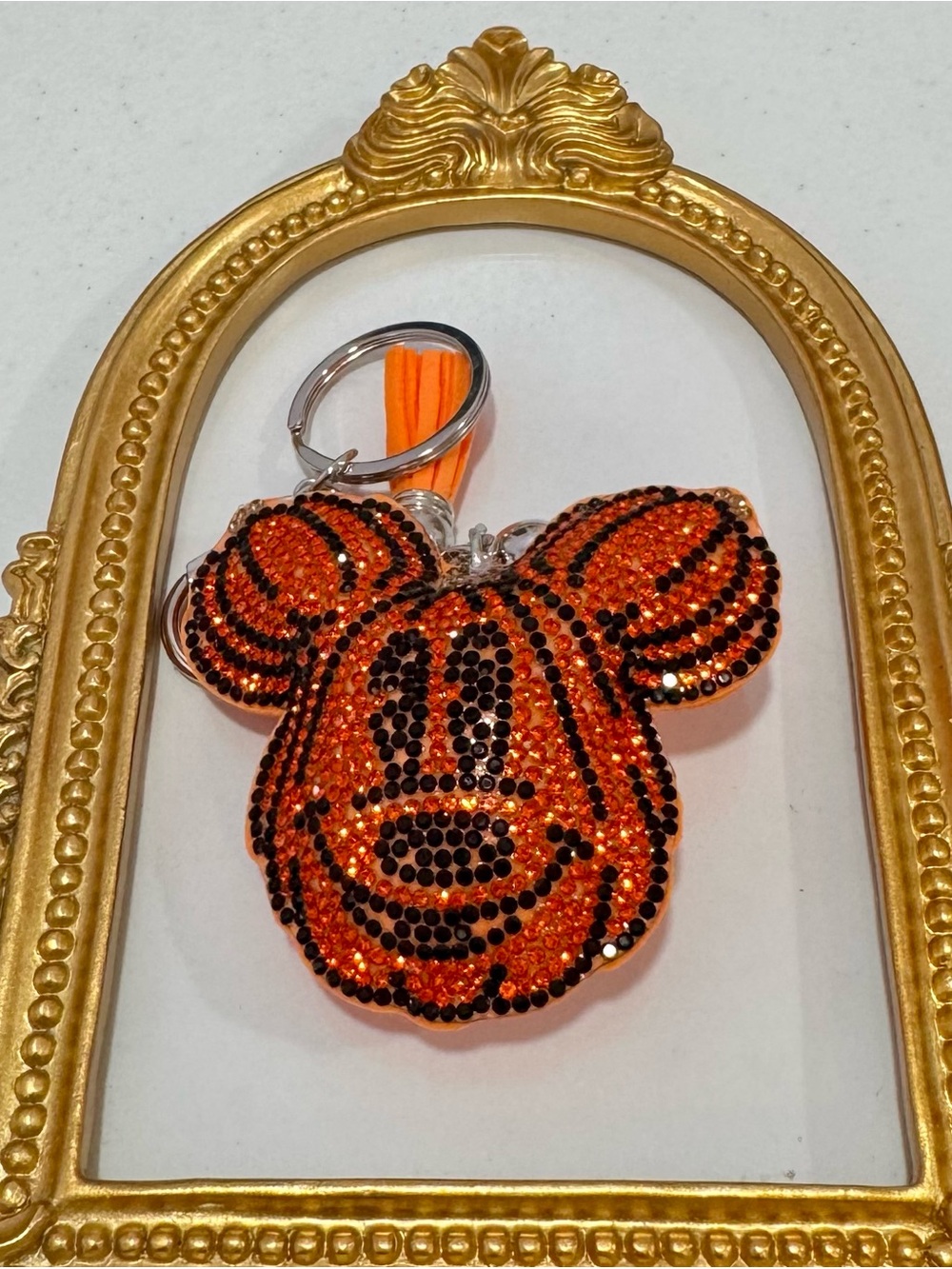 New Orange Crystal Pumpkin Mickey Keychain with Tassel